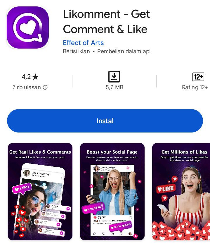 Screenshot tampilan aplikasi Likomment untuk layanan Auto 1000 Like Instagram Gratis