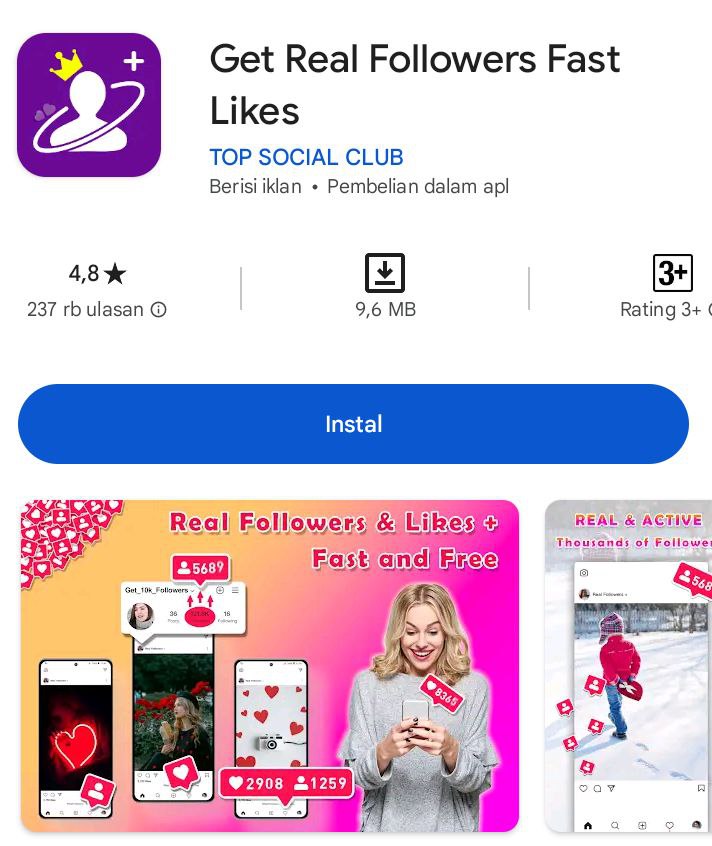 Screenshot tampilan aplikasi Get Real Followers Fast Likes untuk layanan Auto 1000 Like Instagram Gratis