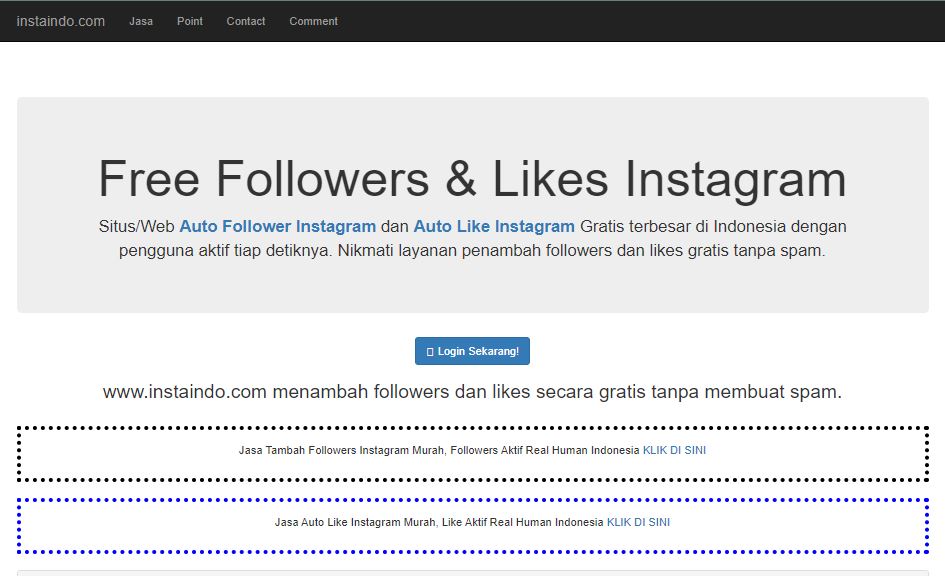 Screenshot situs web Instaindo untuk Auto 1000 Like Instagram Gratis