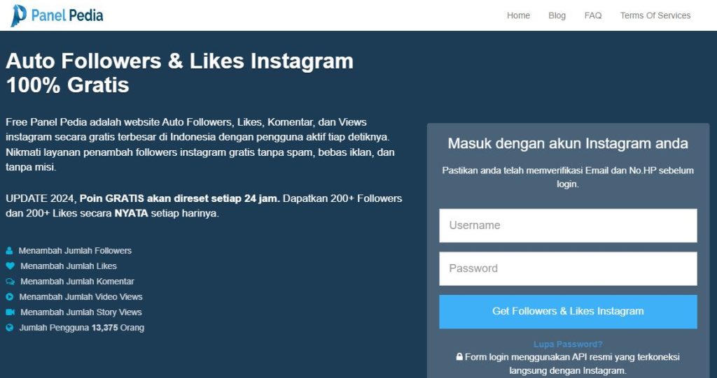 Screenshot situs web Panelpedia untuk Auto 1000 Like Instagram Gratis